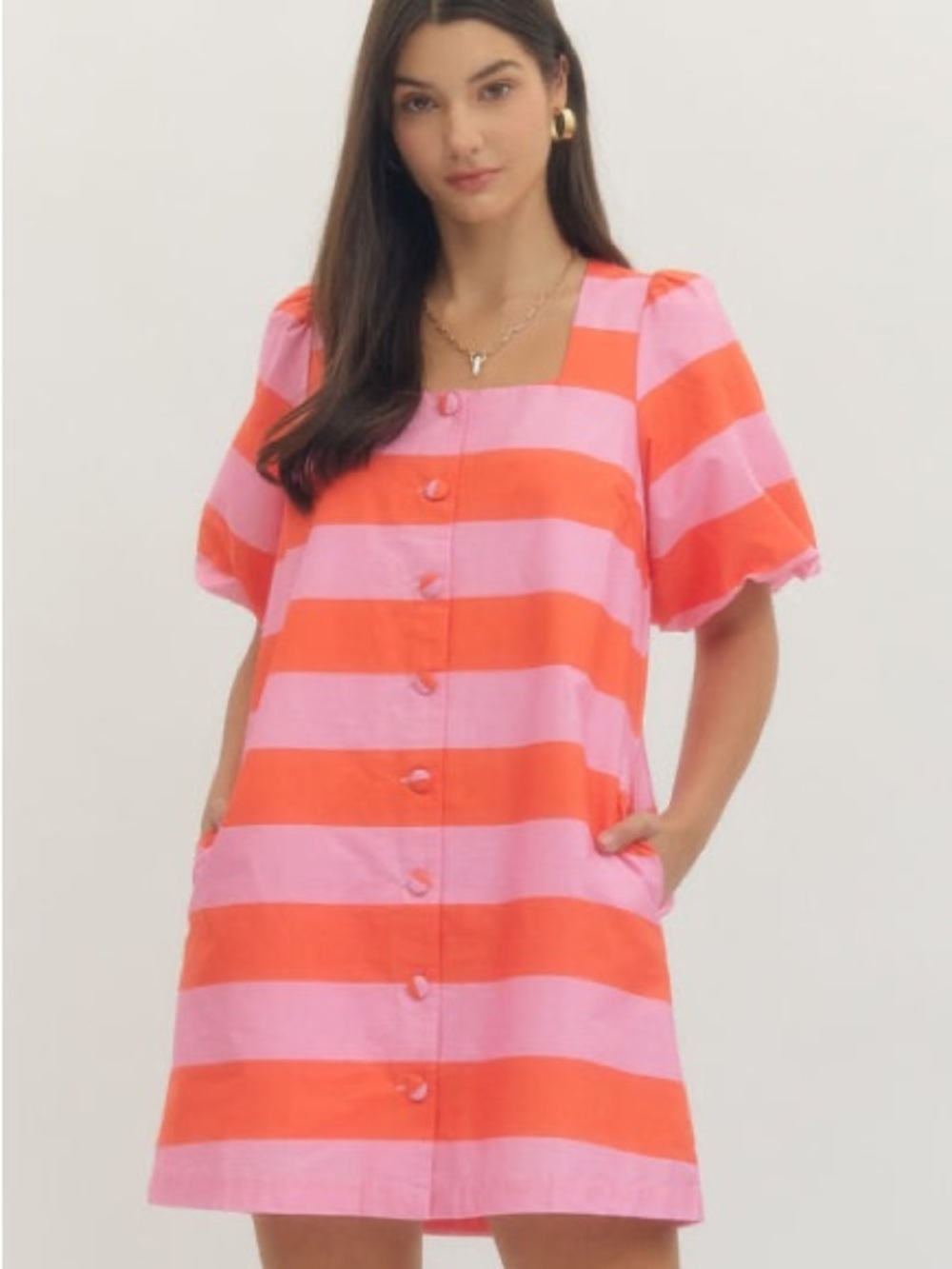 Entro Bold Pink & Orange Striped Square-Neck Dress NWT